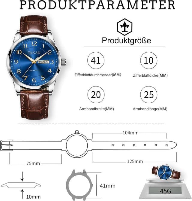 Detalle de Taxau Klassische Lederuhr für Herren – Analog, Quarz, Big Dial mit Lumen- & Day-Date-Anzeige