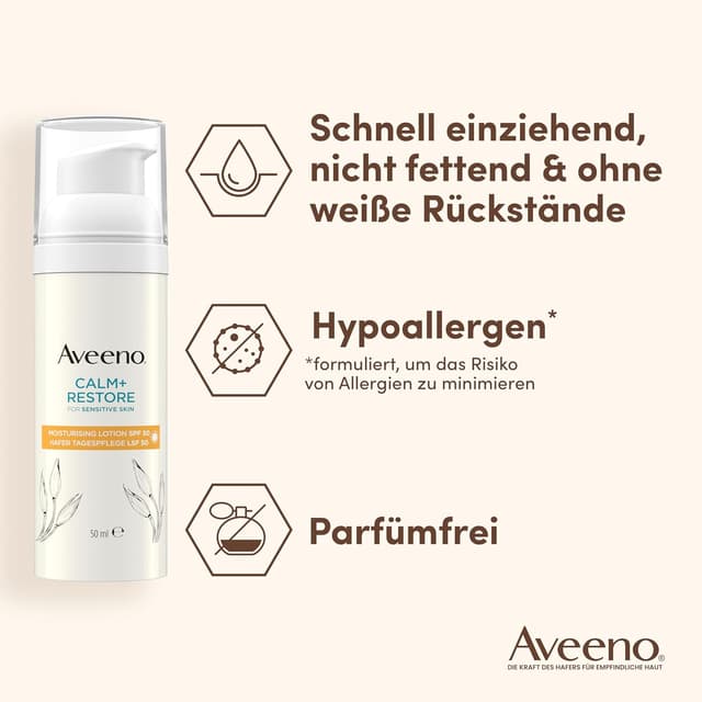 Detalle 2 de Aveeno CALM+RESTORE Hafer Tagespflege LSF 50 (50 ml) – Breitband-Spektrum UVA/UVB, parfümfrei