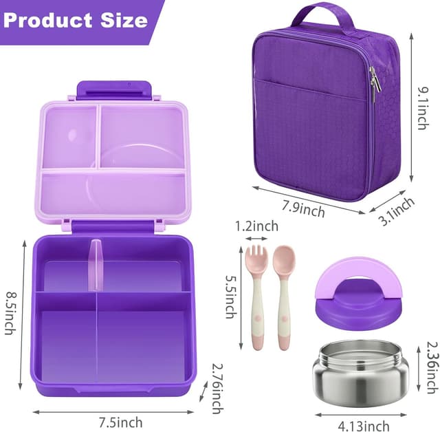 Detalle de Kids Bento Lunch Box Set with 8oz Soup Thermo (Leak-Proof) + 4-Compartment Containers, Insulated Lunch Bag - Purple