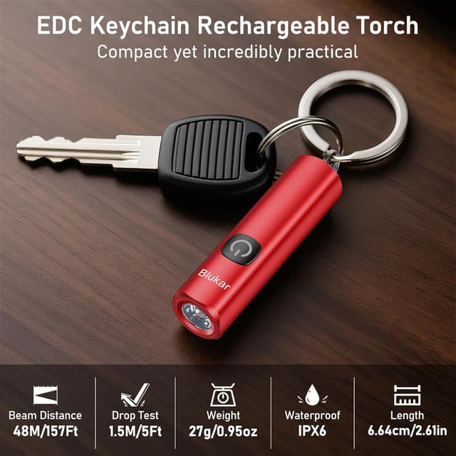 Detalle 2 de Blukar LED-Taschenlampe 360L mini EDC, 3 Lichtmodi, USB-C wiederaufladbar (IPX6) – rot