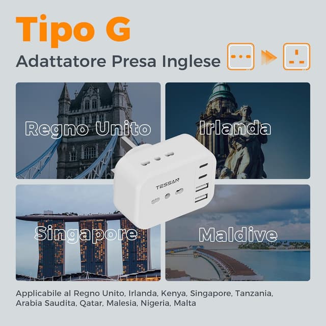 Detalle de TESSAN adattatore presa inglese 7 in 1 con 2 USB-C e 2 USB-A (Tipo G) fino a 3.250 W
