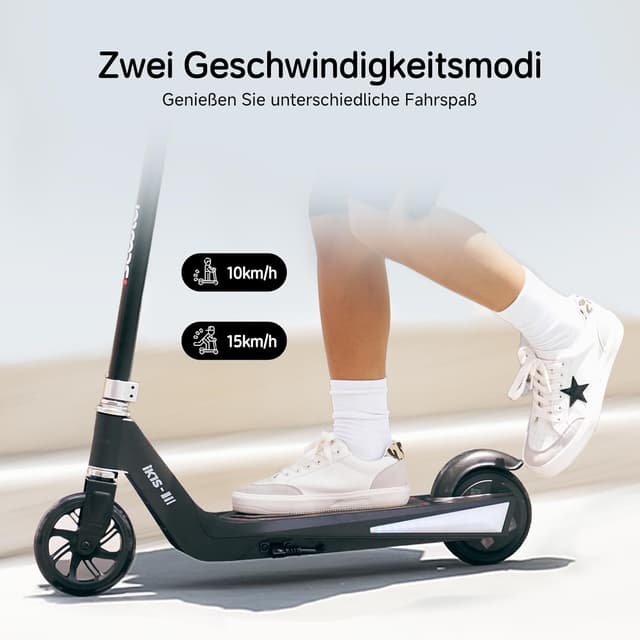 Detalle de iScooter Elektroroller für Kinder (6–12 Jahre) – 5/10/15/16 km/h, 3-fach höhenverstellbar, 150 W, bis 5–7 km Reichweite