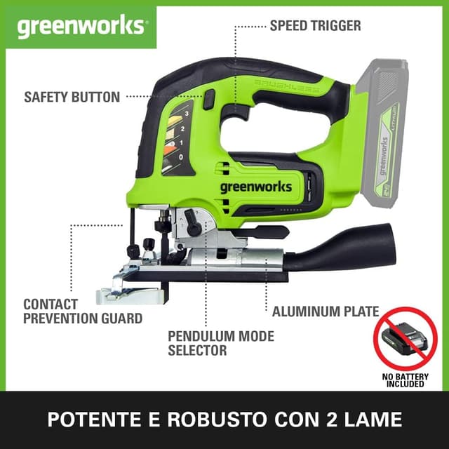 Detalle de Greenworks GD24JS seghetto alternativo a batteria 24V (senza batteria e caricabatterie), base regolabile fino a 45°