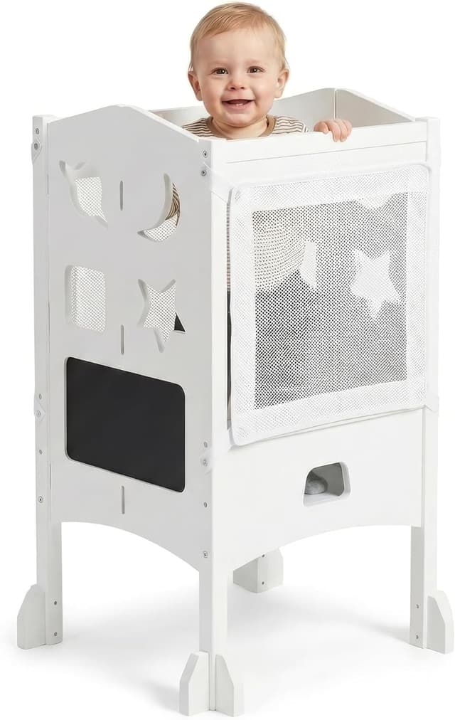 Detalle de BabybeFun Lernturm ab 1 Jahr (klappbar) mit 360° Sicherheitsnetz & Anti-Kipp-Schutz