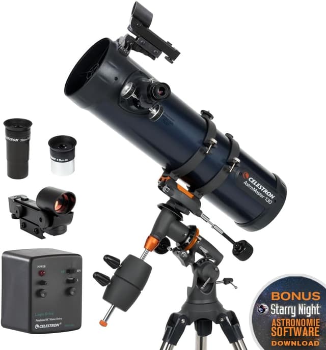 Detalle de Celestron AstroMaster 130EQ Motor Drive Newton-Reflektor (31051) – mit Motorantrieb und Zubehör