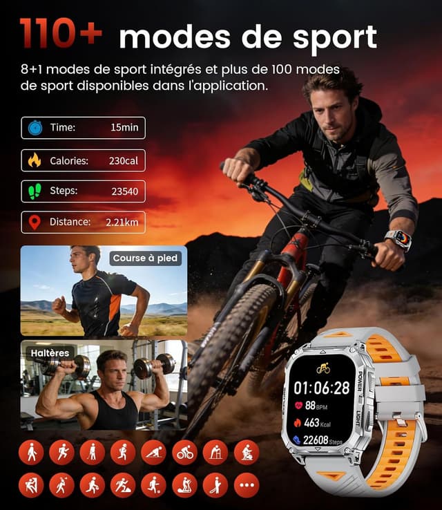 Detalle de Montre connectée homme militaire 2,01" HD avec Bluetooth, fréquence cardiaque et IP68 (argent)