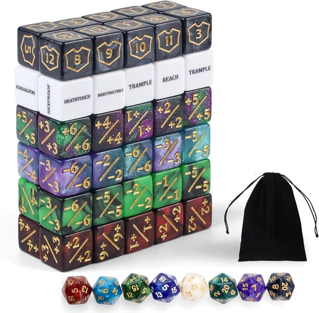 Detalle de QUTHZZHY 68stk MTG-Würfelzähler-Set mit D20-Würfeln und Aufbewahrungstasche – für MTG/TCG Gaming-Zubehör