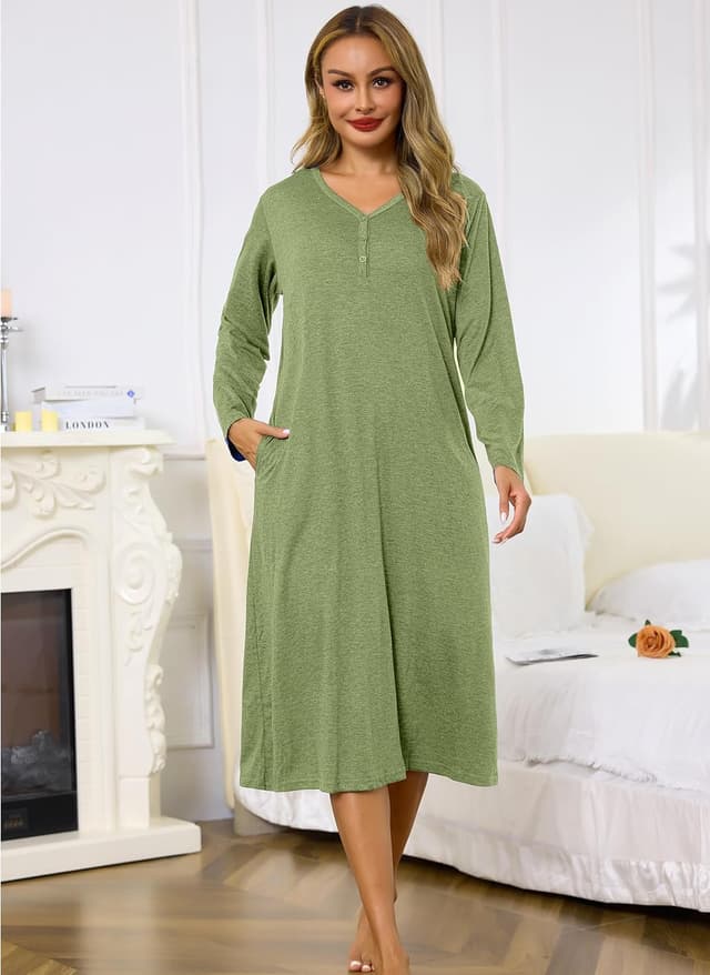Detalle de Lovasy long-sleeve cotton nightdress with pockets – soft women’s nightshirt nightwear