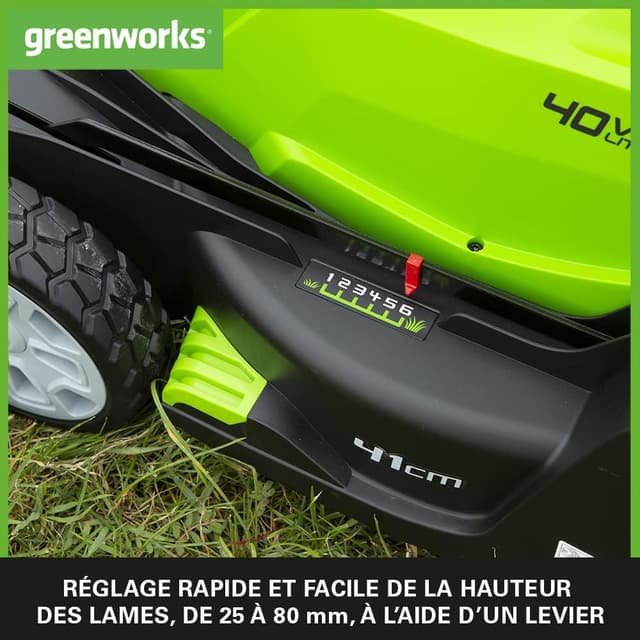 Detalle de Greenworks G40LM41 : tondeuse sans fil pour pelouses jusqu’à 500 m², coupe 41 cm (sans batterie ni chargeur)