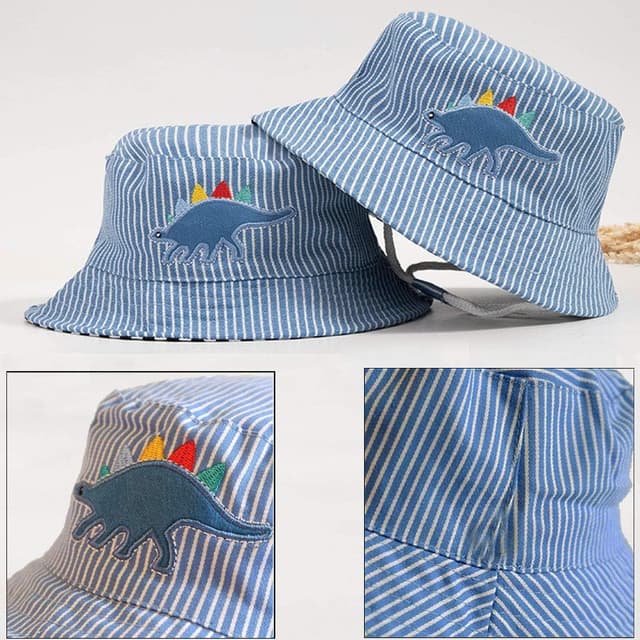 Detalle de FUYAO Kids Cotton Bucket Hat with Dinosaur Embroidery, Adjustable Chin Strap & Wide Brim Sun Protection