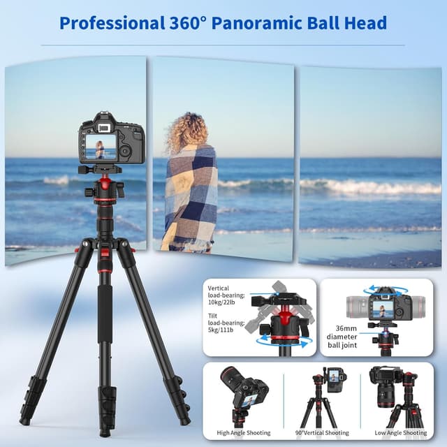 Detalle de XXZU 74” Camera Tripod (Aluminium) with 360° Ball Head, Quick Release Plate, Phone Holder – Tripod/Monopod