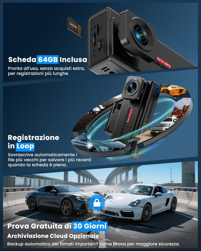 Thumbnail 6 de UCOCARE Dash Cam Auto 4G LTE con SIM, GPS e angolo 170° (senza Wi‑Fi) con scheda SD 64 GB