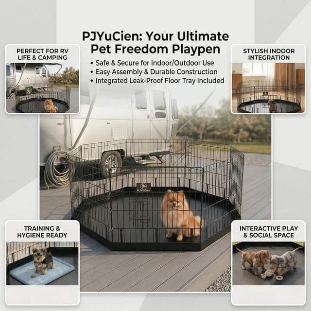 Detalle de PJYuCien Dog Playpen with Bottom Pad (Metal Foldable Exercise Pen, 8 Panels) — 24" H x 24" W Panels, Black