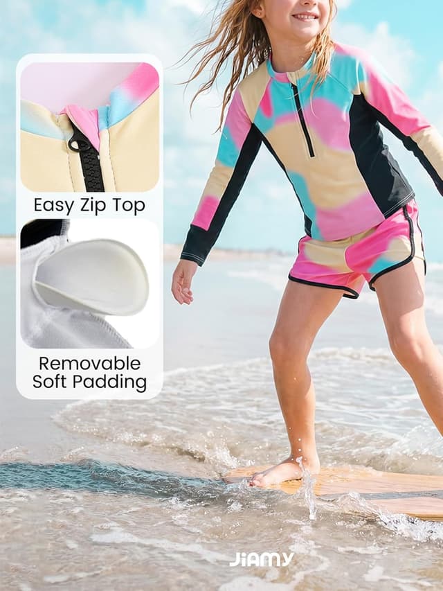 Detalle de JiAmy Mädchen Badeanzug Zweiteiler mit Langarm-UV-Schwimmshirt und Badehose (Gr. 122–152)