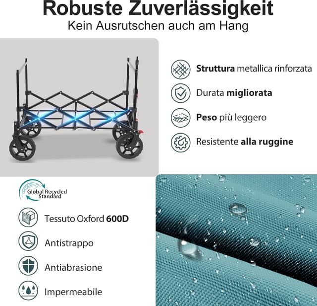 Detalle 2 de Sekey XXL Carrello Spiaggia con Tetto 150L e portata 150 kg (150 kg), pieghevole per bambini, verde
