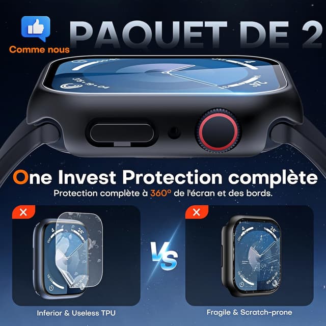 Detalle 2 de TAURI Tauri 2 pièces coque + protection écran en verre trempé pour Apple Watch Series 9/8/7 (41 mm) – Noir