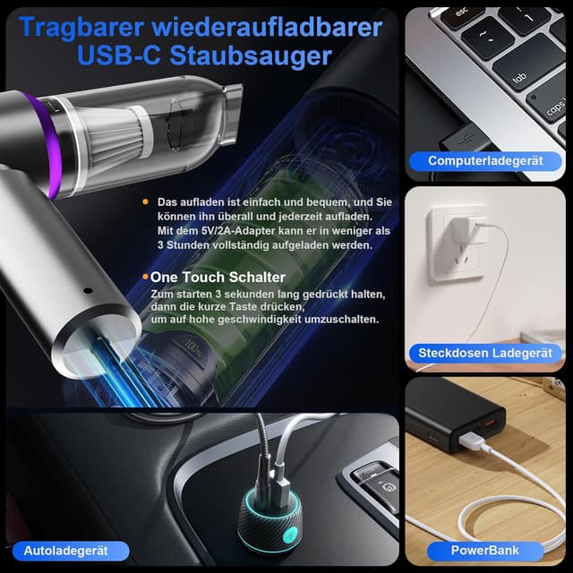 Detalle de Ludunbuy Handstaubsauger 26000 Pa – Mini Akku-Staubsauger kabellos 4-in-1 für Auto, Küche & Tierhaare