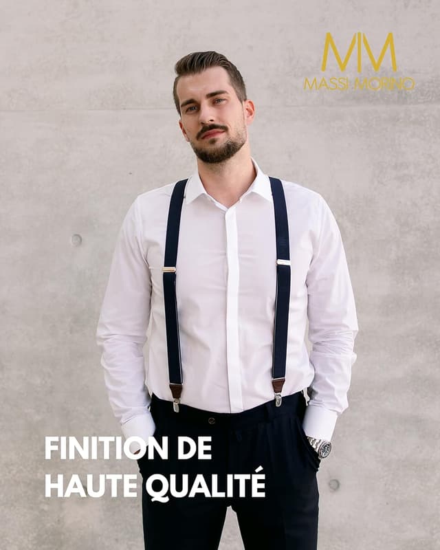 Detalle de Massi Morino Bretelles hommes en cuir véritable (forme Y) largeur 3,5 cm, clips métalliques extra-forts