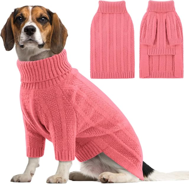 Detalle de Queenmore Large Dog Jumper with Turtleneck – Thick cable-knit pullover in Pink, size L