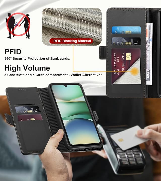 Detalle de Yunubeyii Handyhülle für Xiaomi Redmi A5 mit RFID-Blocker, Kartenfächern und Magnetverschluss (Klapphülle mit Ständer) – Schwarz