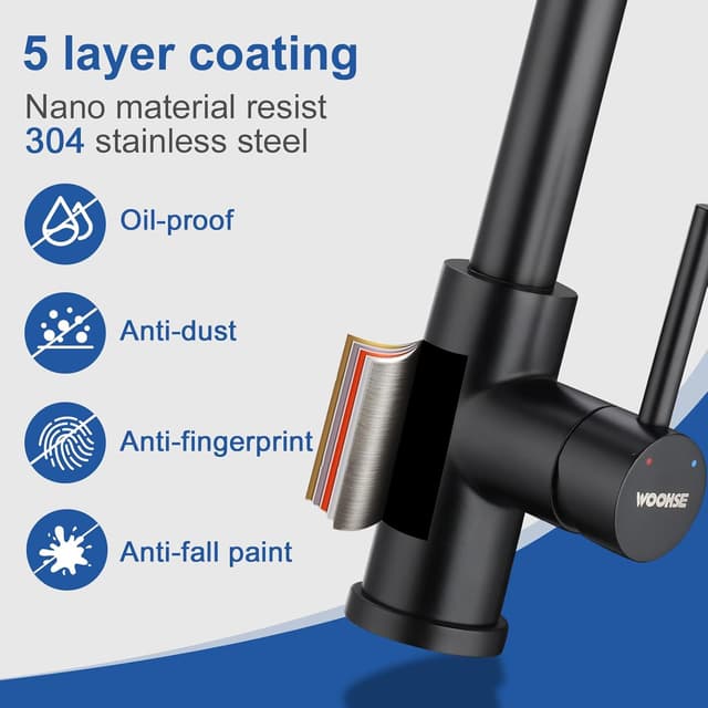 Detalle 2 de WOOHSE Niederdruck Küchenarmatur schwarz mit ausziehbarer Brause – 360° drehbar und 2-Strahl-System