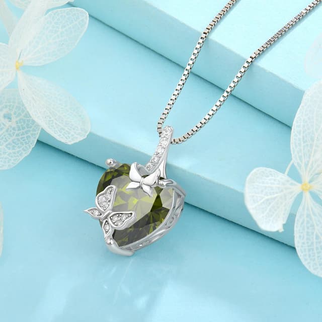 Detalle de FJ Schmetterling Damenkette aus 925 Sterling Silber mit Herz und Geburtsstein – Anhänger-Halskette im Geschenk-Set