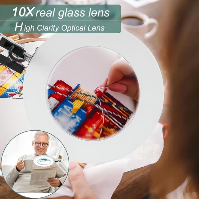 Detalle 2 de Lampada con lente di ingrandimento Kevsuvqin 10x con luce e morsetto, braccio orientabile, 3 modalità colore