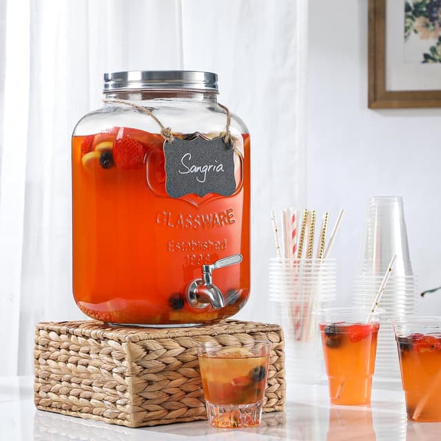 Detalle 2 de 2 Gallon Glass Beverage Dispenser with 18/8 Stainless Steel Spigot and Lid