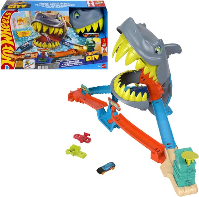 Detalle de Hot Wheels City Shark Chomp Beach playset (JHL96) track set with 1:64 die-cast car