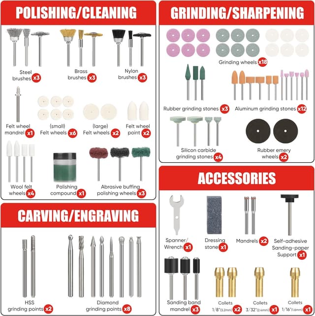 Detalle de EZUVITA 618PCS Rotary Tool Accessories Kit (Red) with Portable Storage Case – Universal fit for Dremel-style tools