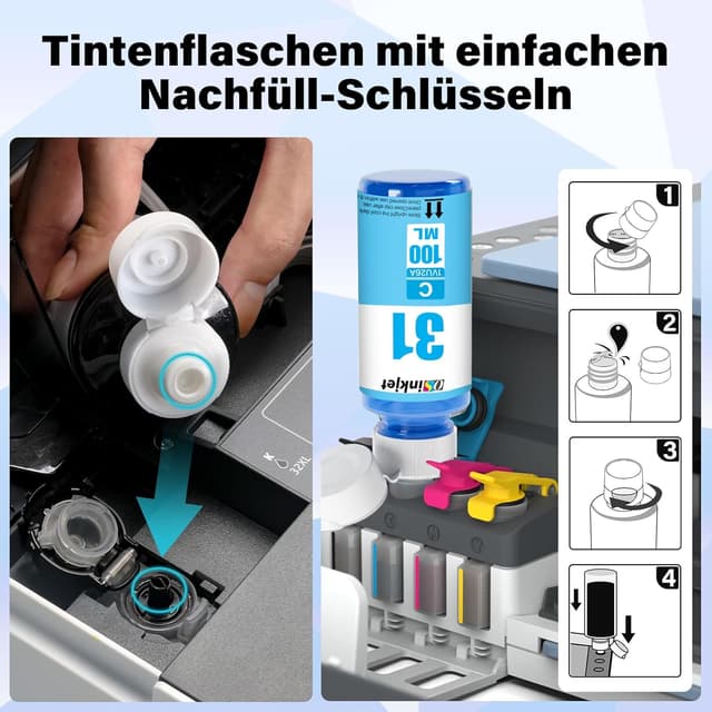 Detalle de Osinkjet Druckertinten 31/32XL kompatibel für HP Smart Tank (31 Cyan/Magenta/Gelb, 32XL Schwarz)