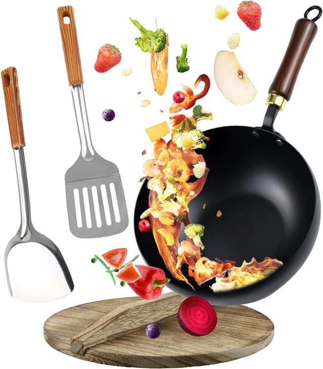 Detalle de Fosoloni Japanische Eisenpfanne mit Holzdeckel-Set (Eisen, unbeschichtet, antihaftfrei)