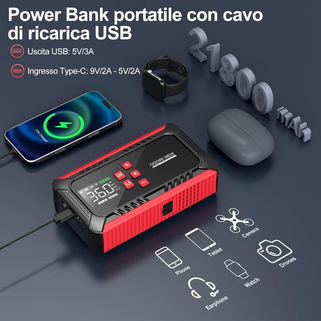 Detalle de OGORI NEW Booster Avviamento Auto portatile 6000A con compressore aria, torcia LED e display LCD