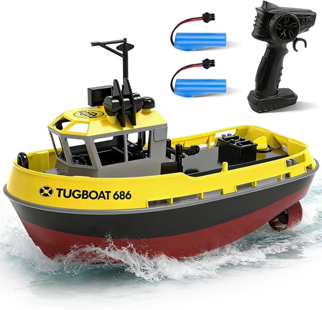 Detalle de tech rc 1:72 ferngesteuertes Tugboat mit 2 Akkus, 2,4 GHz RC-Boot (Gelb)
