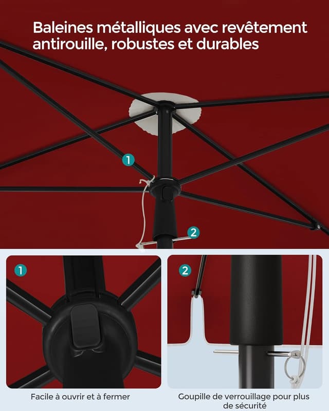 Detalle de Parasol rectangulaire SONGMICS 200 x 125 cm, UPF 50+ inclinable et hauteur réglable (sans base) avec sac de transport