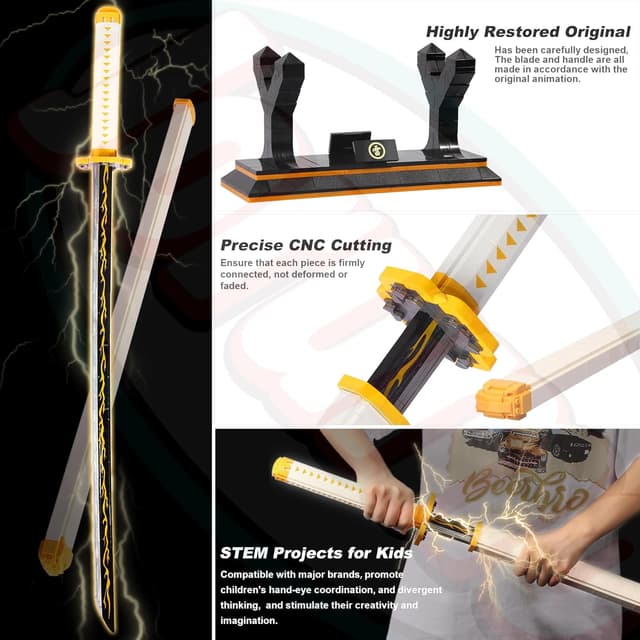 Detalle de Swords Building Set 39in Zenitsu Sword (956 Pieces) with Scabbard and Stand