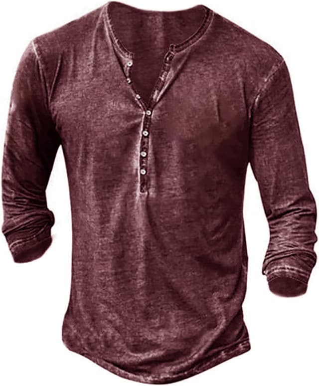 Detalle de Beotyshow Herren Langarm-Henley-Shirt im Vintage-Look (Slim Fit) – leichtes Baumwollhemd