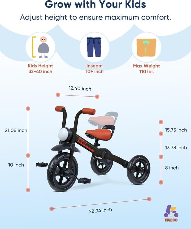 Detalle de KRIDDO 2-in-1 Kids Balance Bike and Tricycle (Detachable Pedals) for Ages 2–5, Black