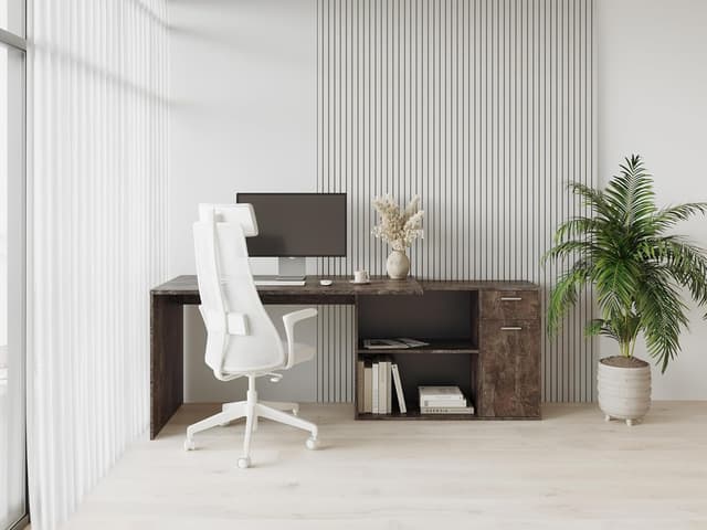 Detalle 2 de RICOO Eckschreibtisch mit Stauraum in Betonoptik (WM083-BG) – L-Form mit Schubladen, 136×101×75 cm