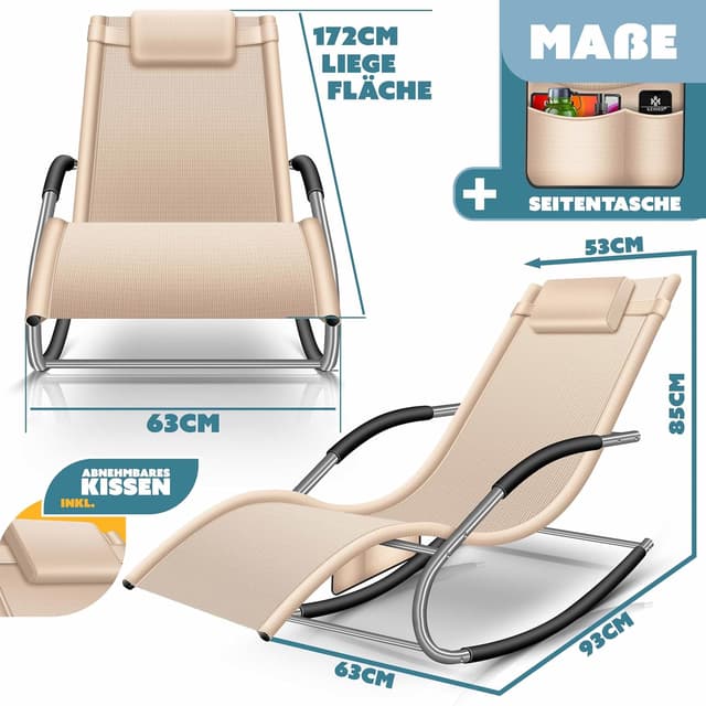 Detalle 2 de KESSER® Sonnenliege Relaxliege Schwungliege Gartenliege mit Seitentasche (beige) – belastbar bis 150 kg