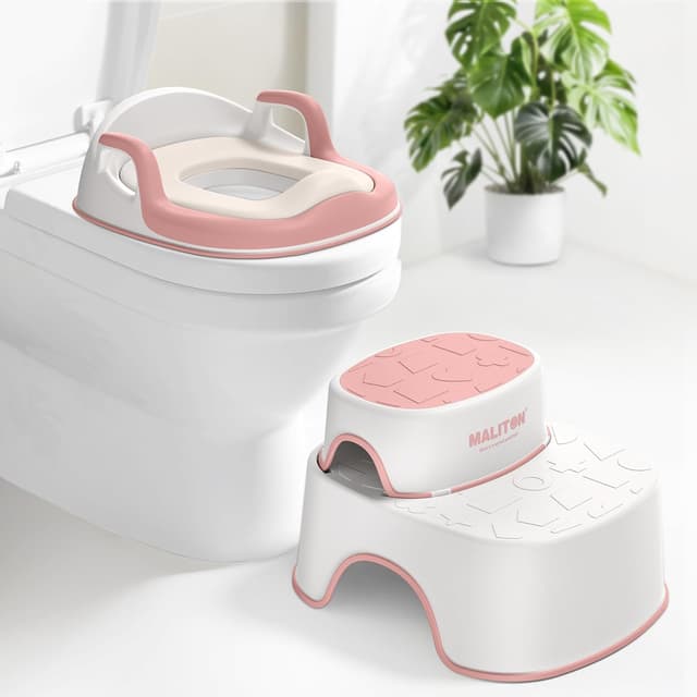 Detalle de Maliton Toddler Toilet Seat with 2 Step Stool (Pink) – Anti-Slip, Handles & Splash Guard for 1–8 Years