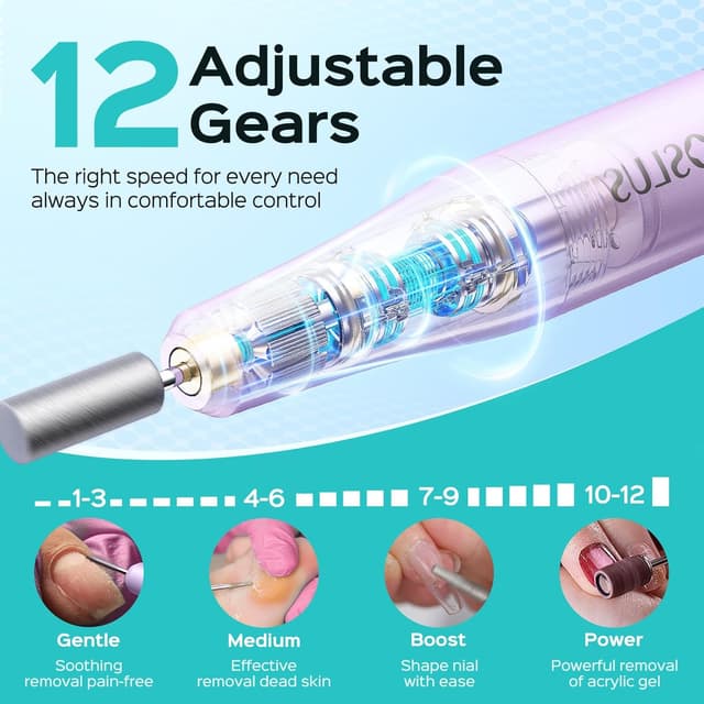 Detalle de COSLUS C50 Cordless Electric Nail Drill (12-Speed) with LED Display, Purple