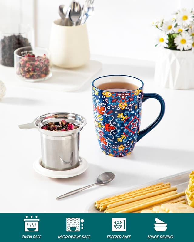 Detalle 2 de vancasso Ceramic Tea Mug with Infuser and Lid (18 Ounce) — Royal-Crimson Flourish