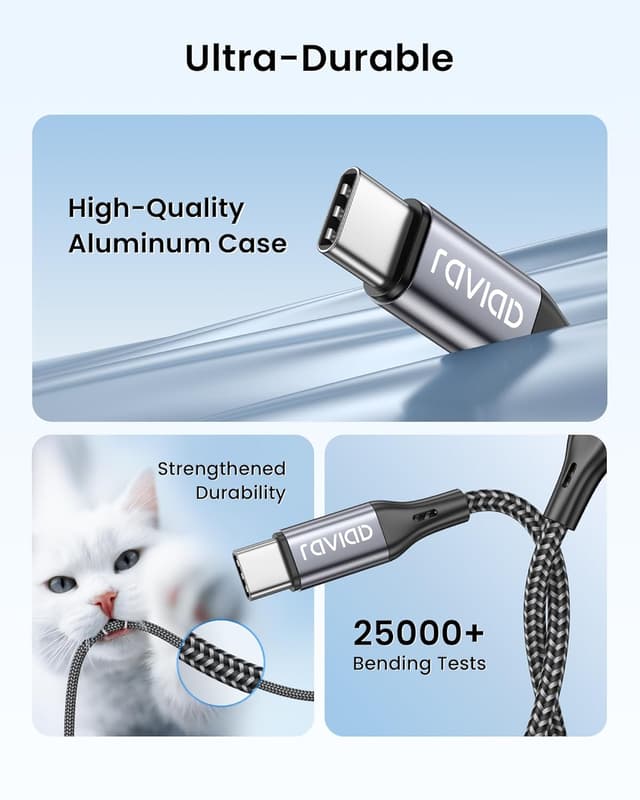 Detalle 2 de RAVIAD USB-C Kabel (2er Set, 2 m) – Schnellladen bis 5V/3A & Datenübertragung (Grau)