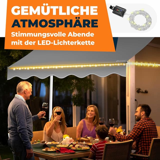 Detalle de KESSER Klemmmarkise mit Handkurbel & LED-Lichterkette (Balkonmarkise ohne Bohren) – höhenverstellbar, UV-beständig
