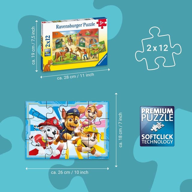 Detalle 2 de Ravensburger Puzzle Paw Patrol 2x12 Pezzi per bambini da 3 anni, 26x18 cm