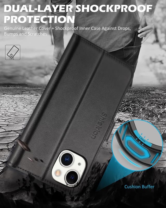 Detalle de SHIELDON Hülle für iPhone 14 Plus 5G: Leder-Tasche mit Kartenfach, Magnetverschluss, RFID-Schutz und Klapp-Ständer