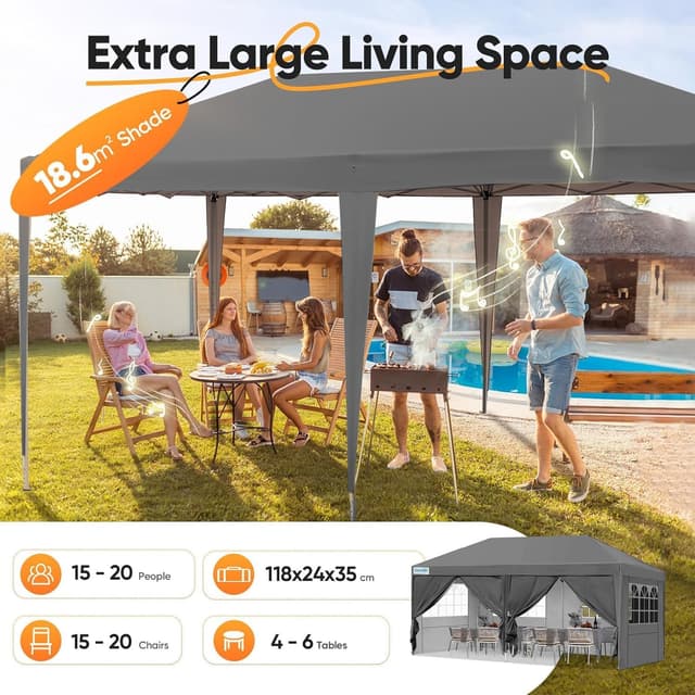 Detalle 2 de Quictent 3x6m (10x20ft) pop up canopy gazebo with church window sidewalls – adjustable height event shelter (grey)