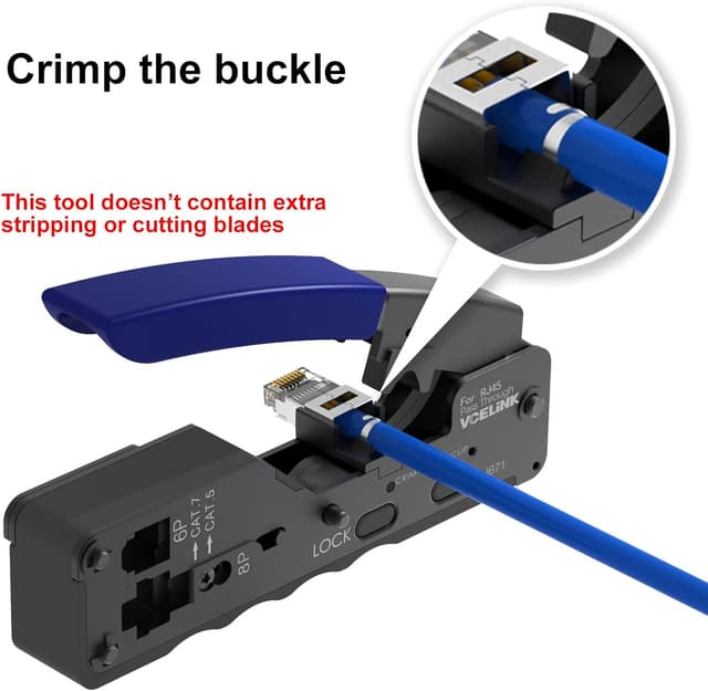 Detalle de VCELINK GJ671BL pinza crimpatrice passante RJ45 (RJ12/RJ11) per connettori 8P8C e 6P6C/6P4C