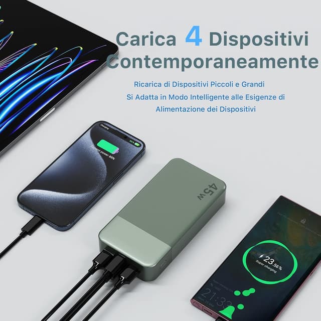 Detalle 2 de NOBIS Power Bank 20000 mAh da 45 W con ricarica bidirezionale USB‑C e 4 porte (verde)